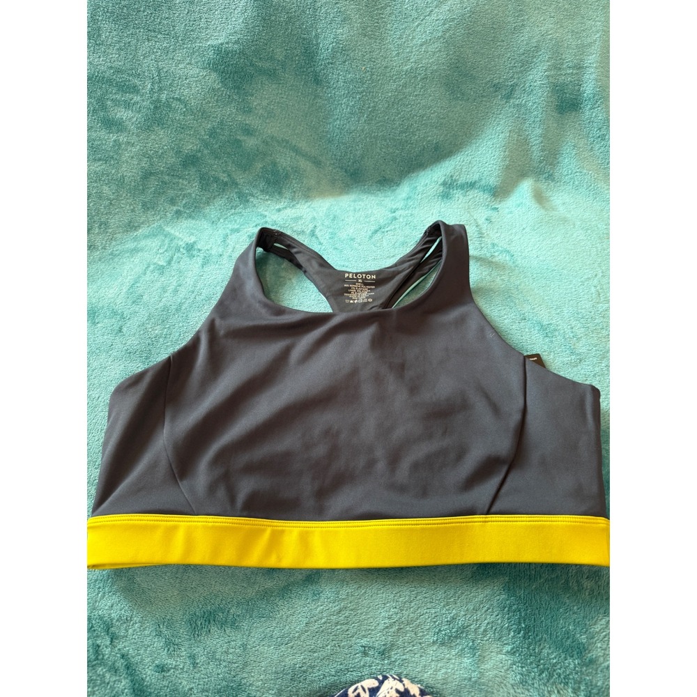 Peloton Womens High Neck Racerback Sports Bra Grey Neon Yellow XL NEW